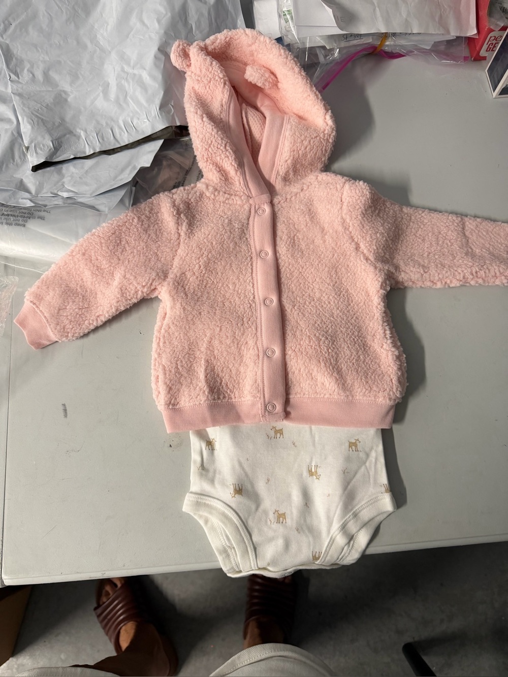 Soft Pink Fuzzy Baby Hoodie with Ears - shirt and pants Carter’s nwt 6 months